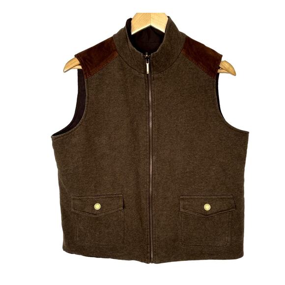 Ralph Lauren Womans L Reversible Hunting Vest Cotton Full Zip Snap Pockets Brown - Picture 1 of 5
